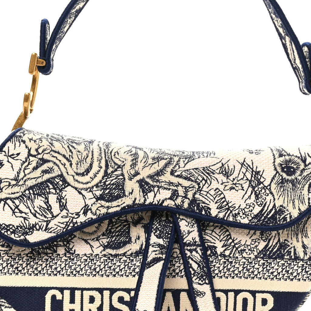 Canvas Embroidered Toile de Jouy Saddle Bag Blue