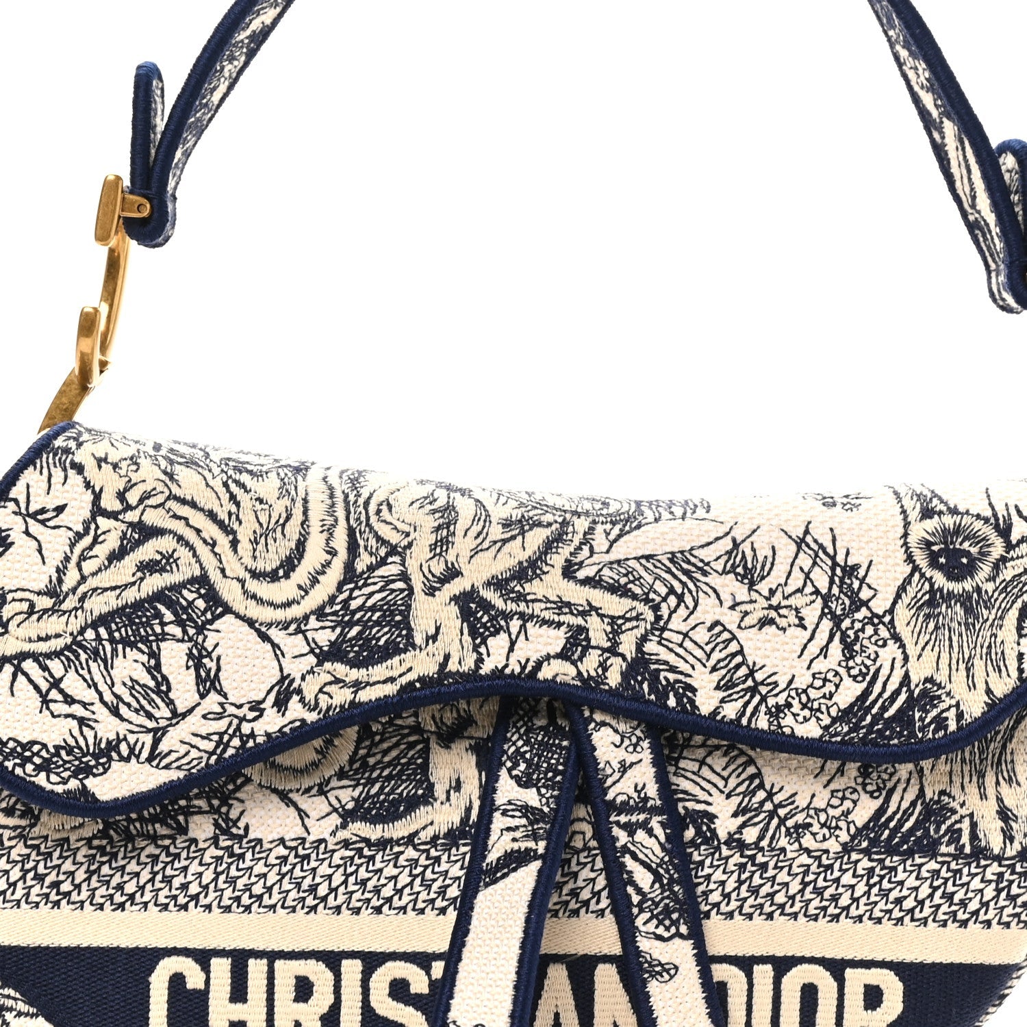 Canvas Embroidered Toile de Jouy Saddle Bag Blue