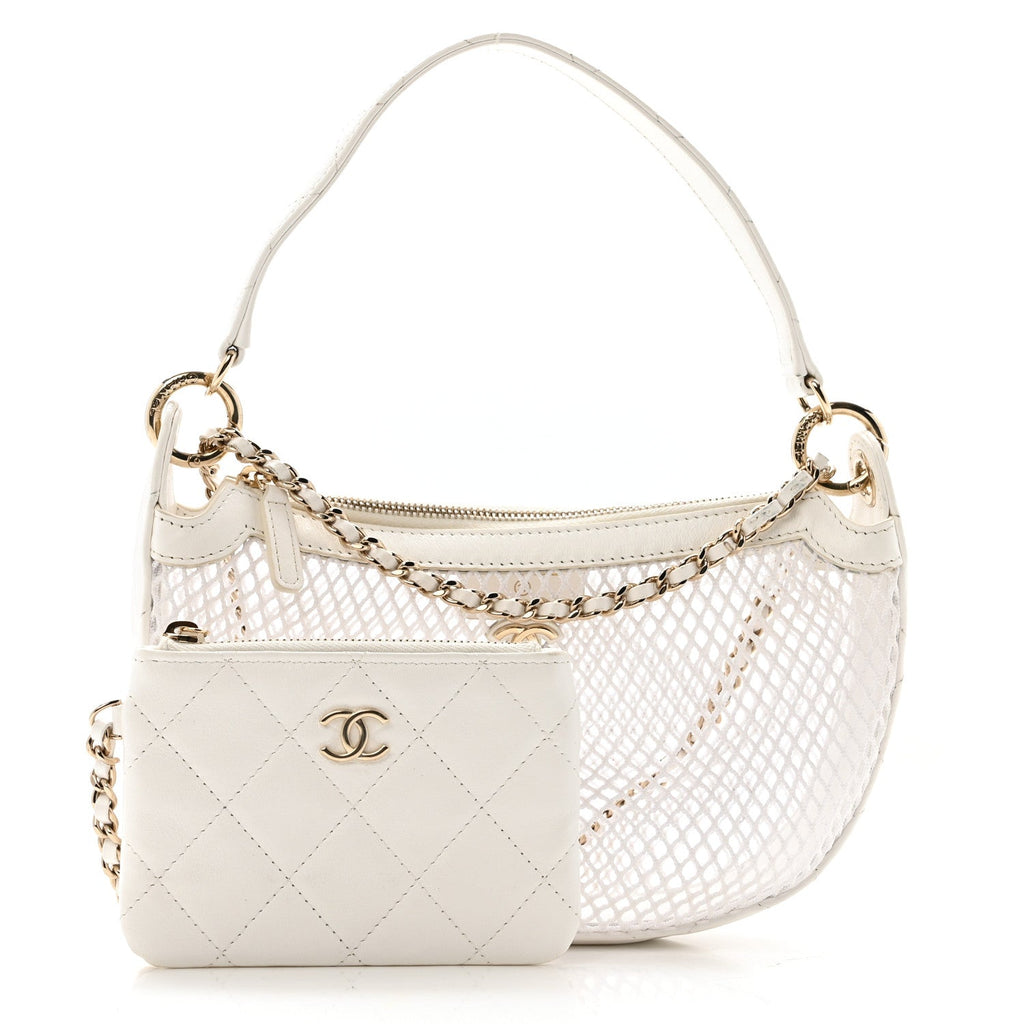 Mesh Shiny Lambskin Chain Hobo White