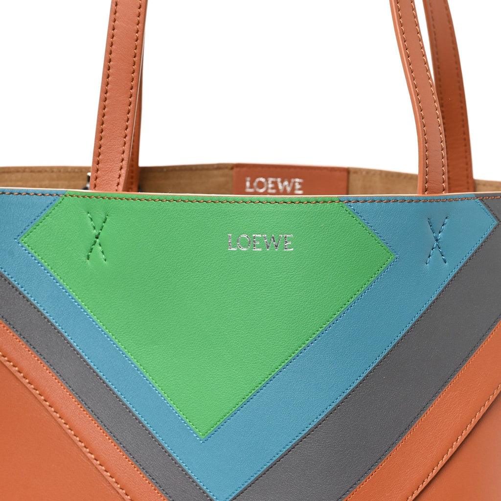 x Albers Calfskin Medium Puzzle Fold Tote Caramel Bright Green