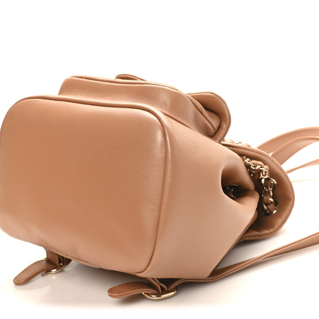 Quilted Small Duma Pockets Drawstring Backpack Light Brown