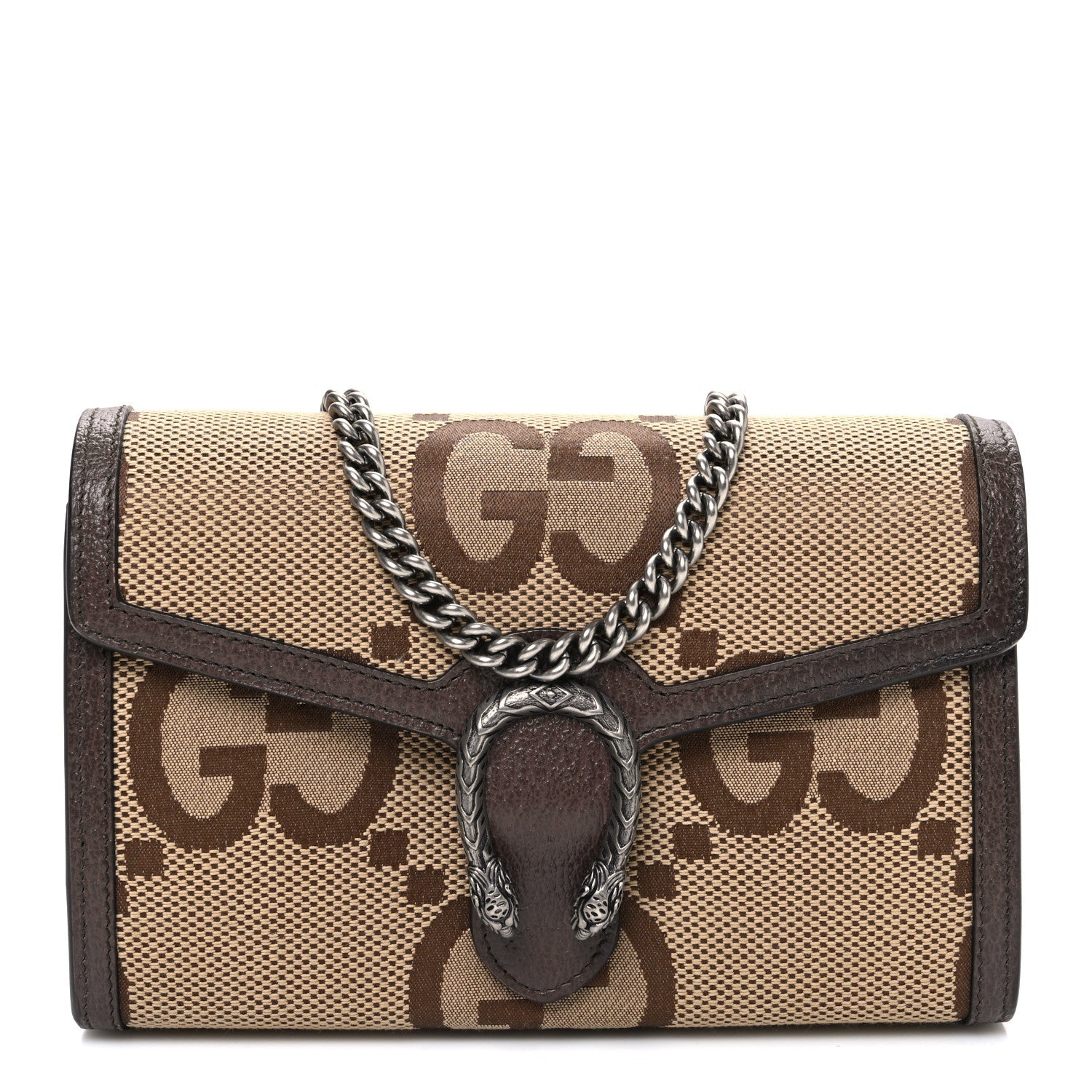 Monogram Jumbo GG Textured Dollar Calfskin Mini Dionysus Chain Wallet Camel Ebony New Acero