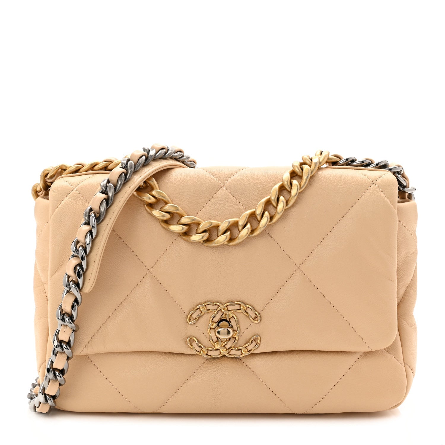 Shiny Goatskin Quilted Medium Chanel 19 Flap Beige