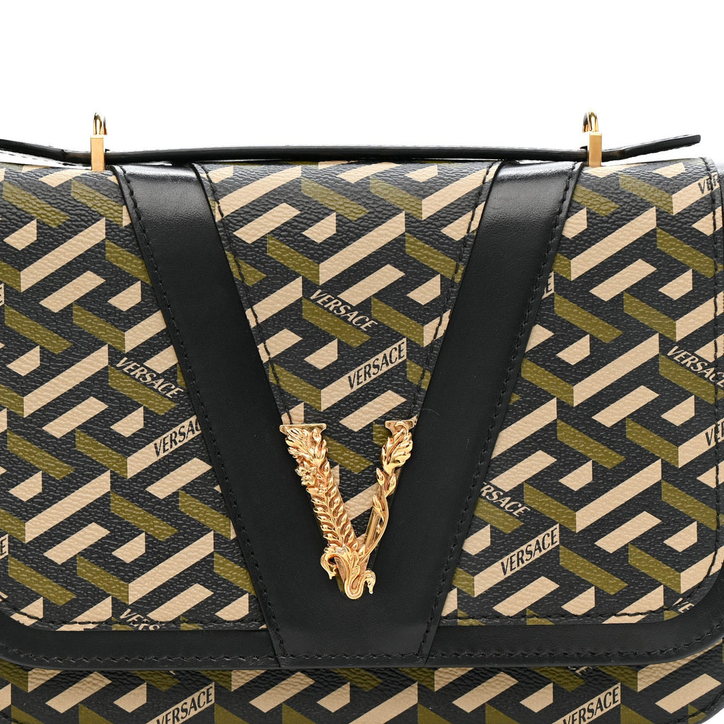 Coated Canvas La Greca Signature Print Virtus Top Handle Shoulder Bag Black Khaki