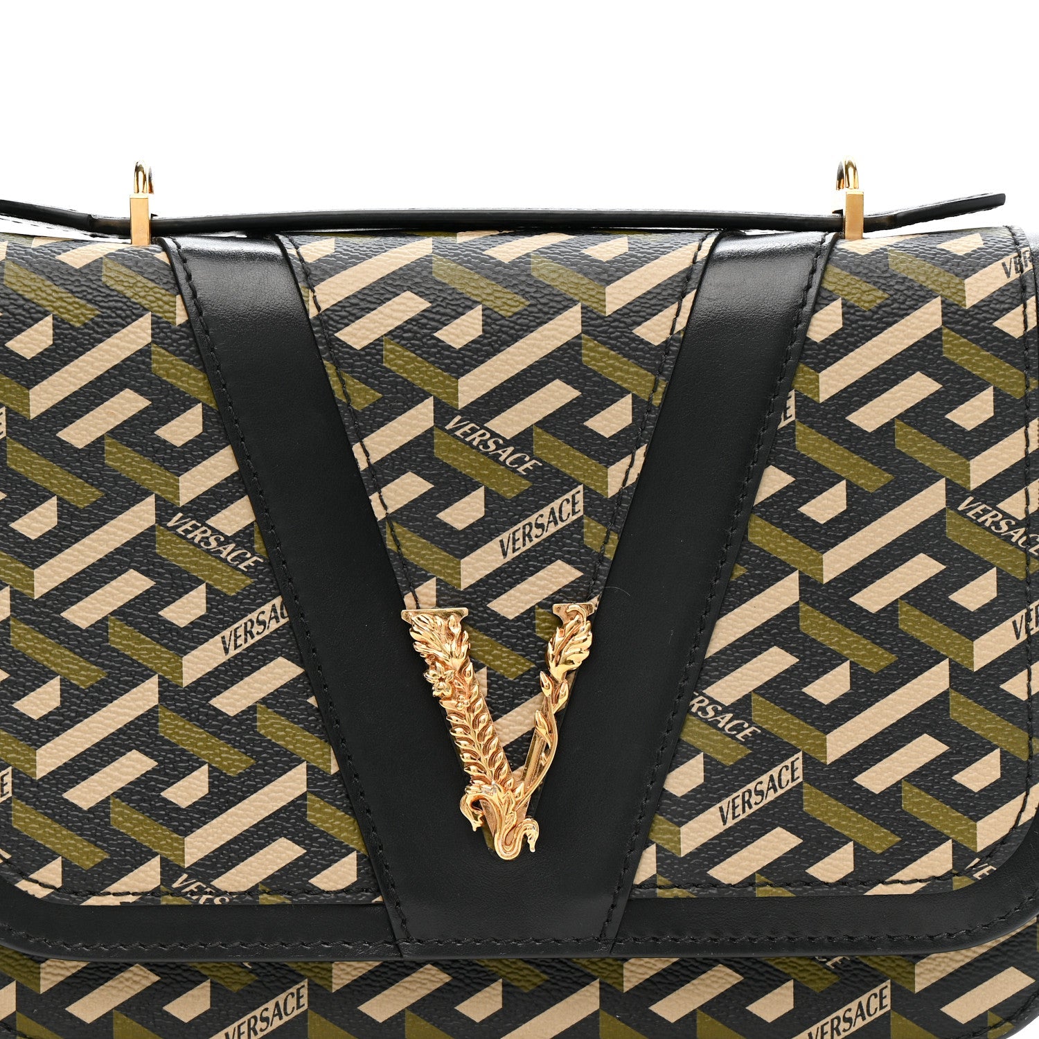 Coated Canvas La Greca Signature Print Virtus Top Handle Shoulder Bag Black Khaki