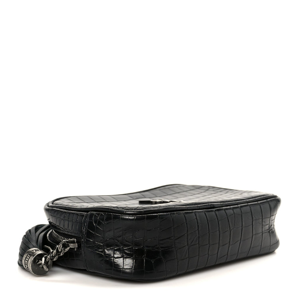 Calfskin Crocodile Embossed Monogram Mini Lou Camera Bag Black