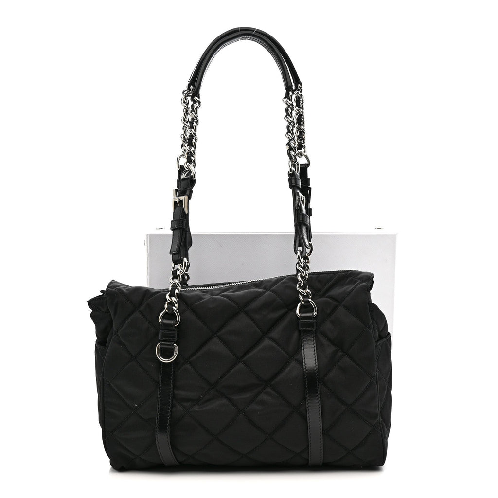 Nylon Tessuto Quilted Chain Shoulder Bag Black