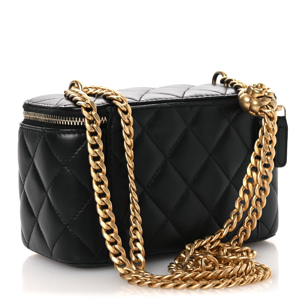 Lambskin Quilted Camellia Vanity Case Black