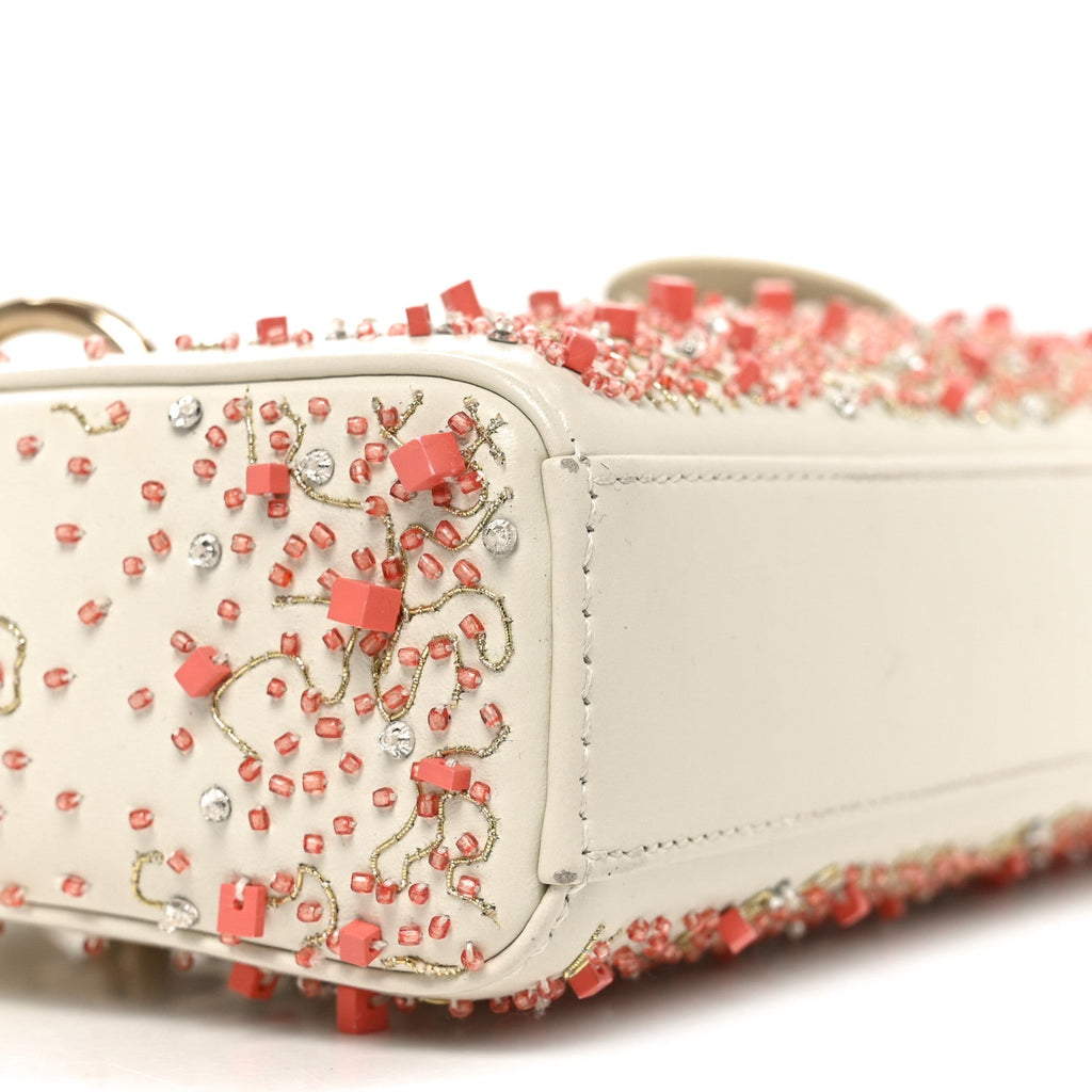 Calfskin Embroidered Small Lady D-Joy White Multicolor