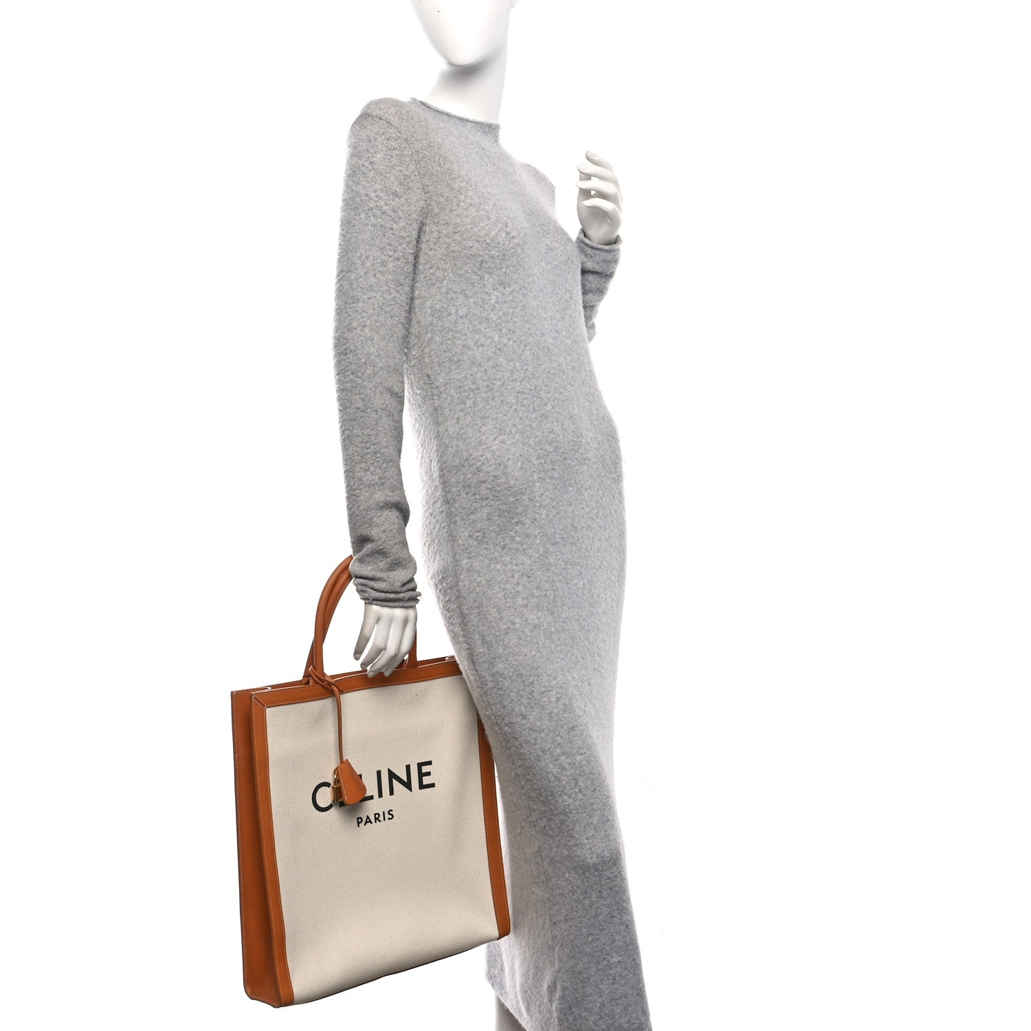 Canvas Calfskin Logo Print Vertical Cabas Natural Tan