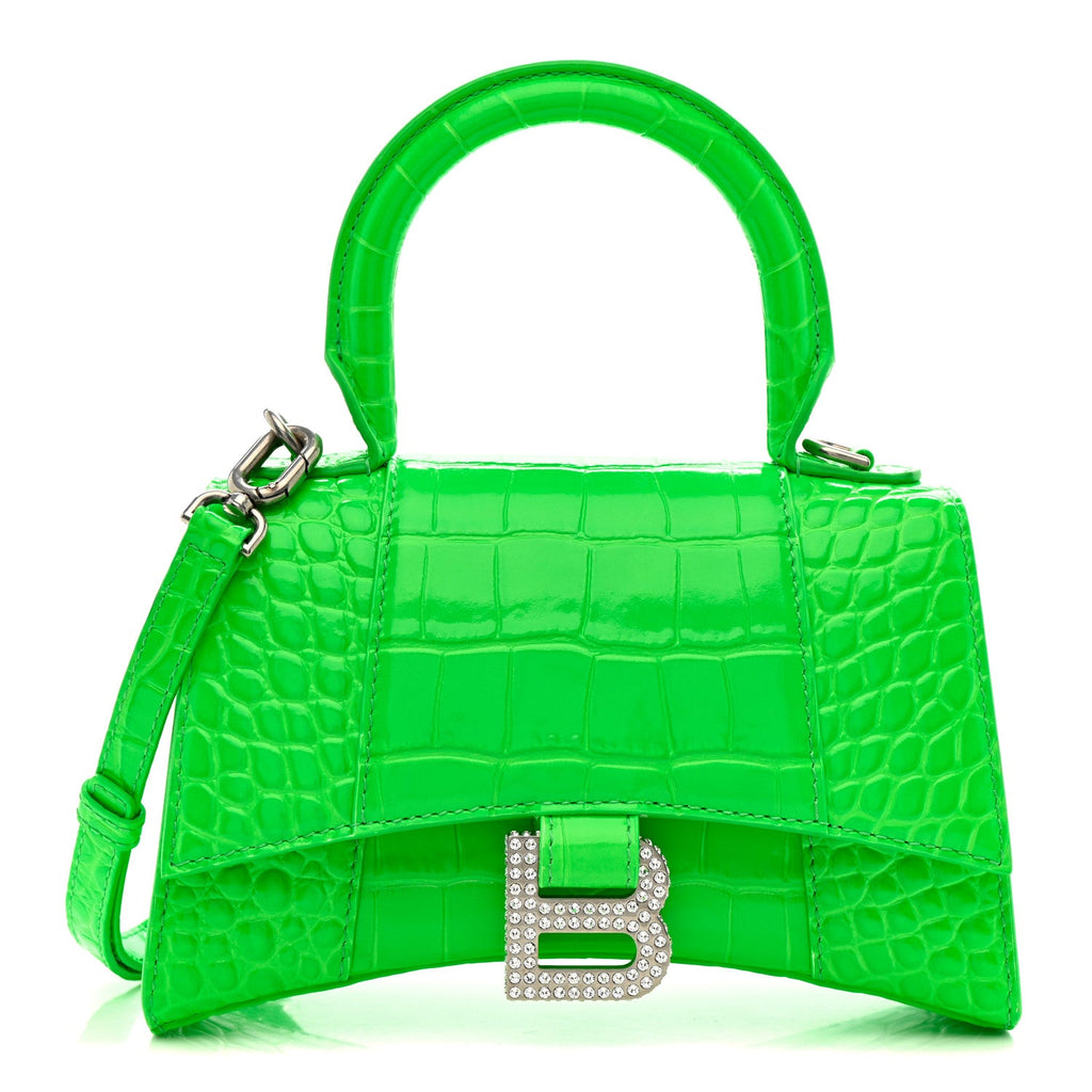 Shiny Calfskin Strass Crocodile Embossed Hourglass Top Handle Bag XS Fluo Green