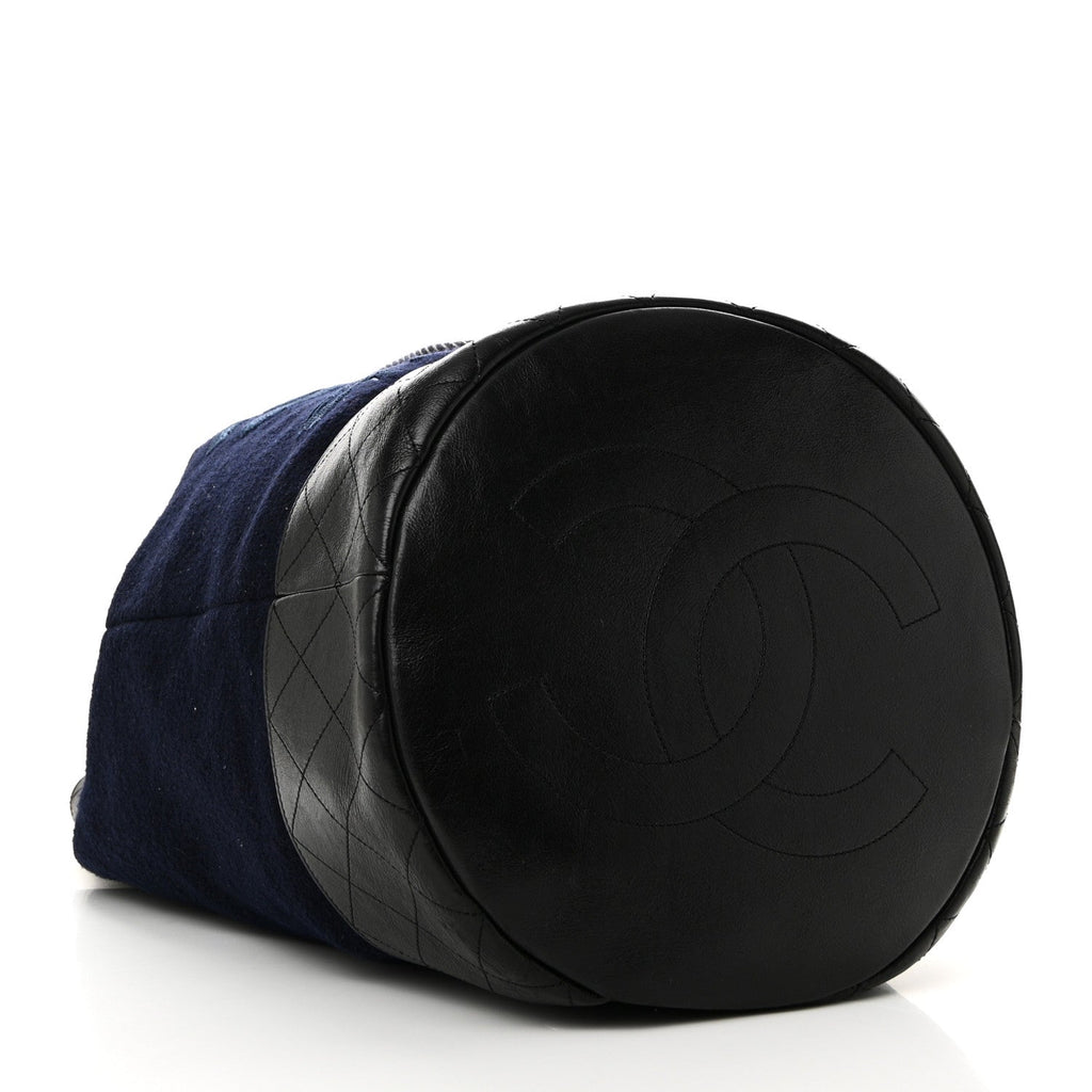 Wool Calfskin Embroidered Paris Hamburg Drawstring Backpack Navy Blue