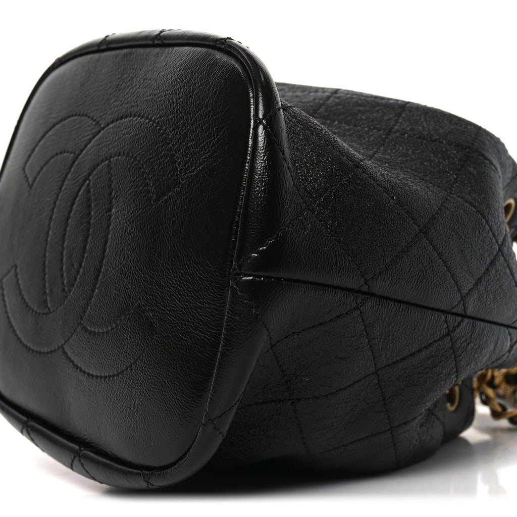 Shiny Lambskin Quilted Fashion Therapy Bucket Drawstring Bag Black