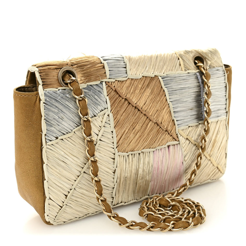 Metallic Woven Raffia Patchwork Single Flap Gold