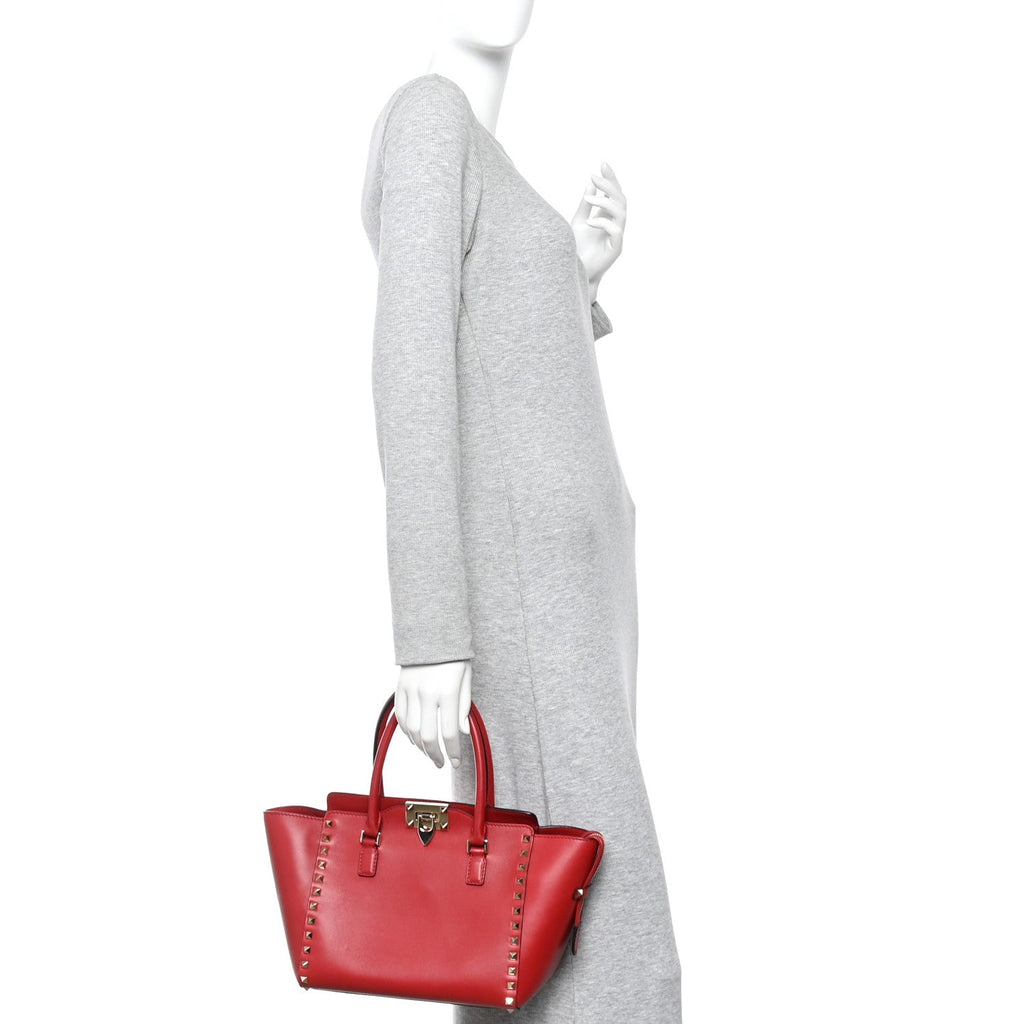 Vitello Small Rockstud Double Handle Tote Rosso Valentino
