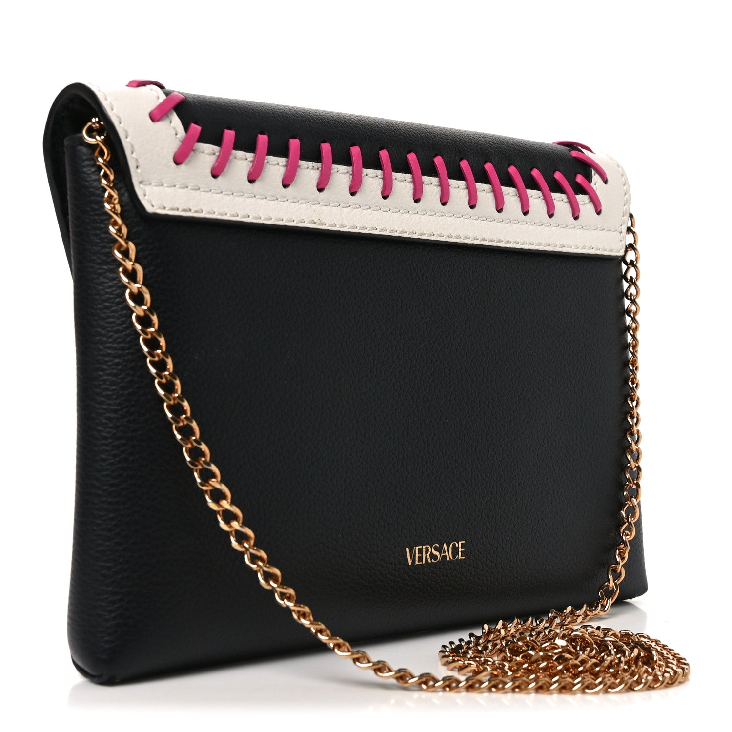 Calfskin Medusa Whipstitch Envelope Clutch Black White