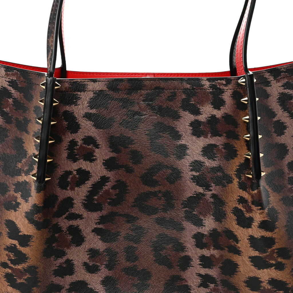 Calfskin Leopard Print Spikes East West Cabata Tote Brown