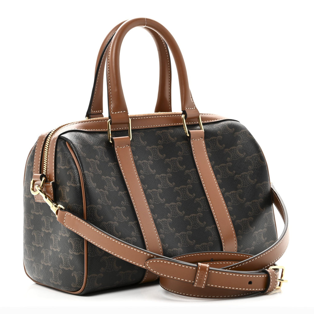 Triomphe Canvas Calfskin Medium Boston Bag Tan