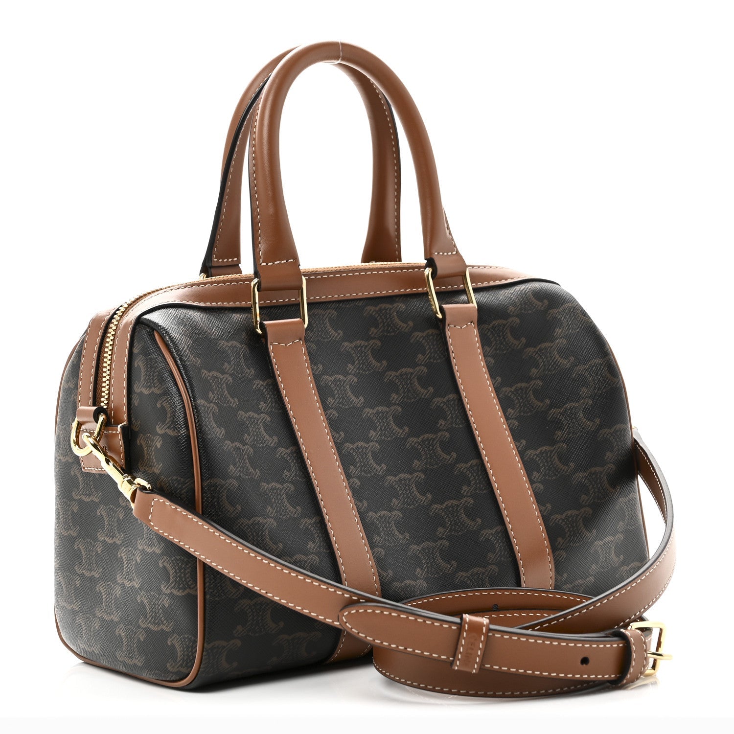 Triomphe Canvas Calfskin Medium Boston Bag Tan