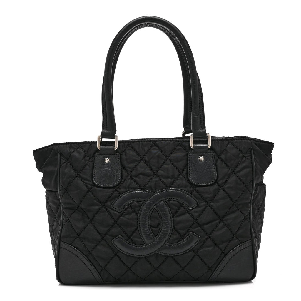 Nylon Calfskin Quilted CC Paris New York Tote Bag Black