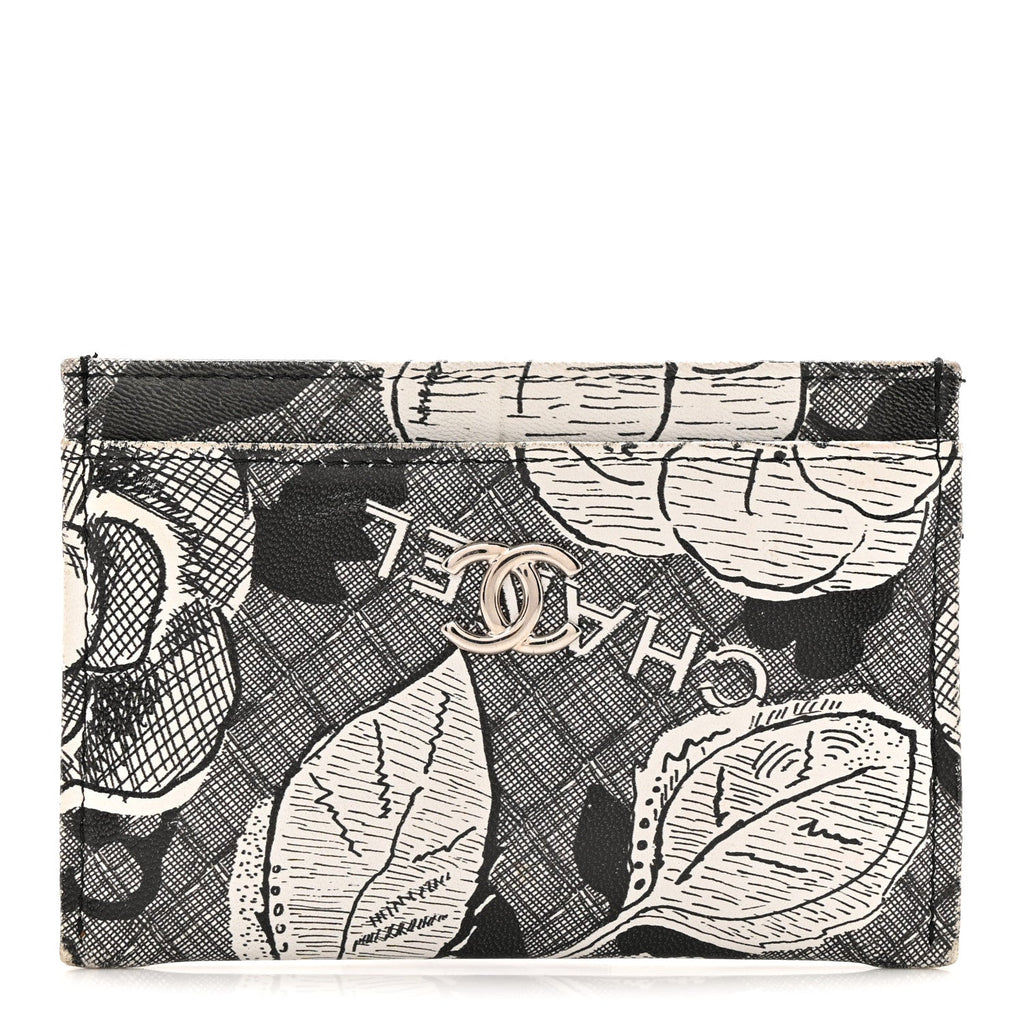 Coated Canvas Lambskin Quilted Camellia  Holder Black White