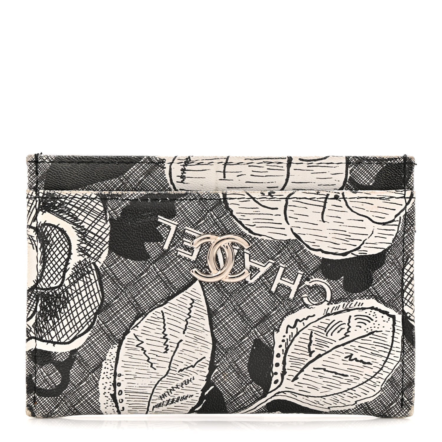Coated Canvas Lambskin Quilted Camellia  Holder Black White