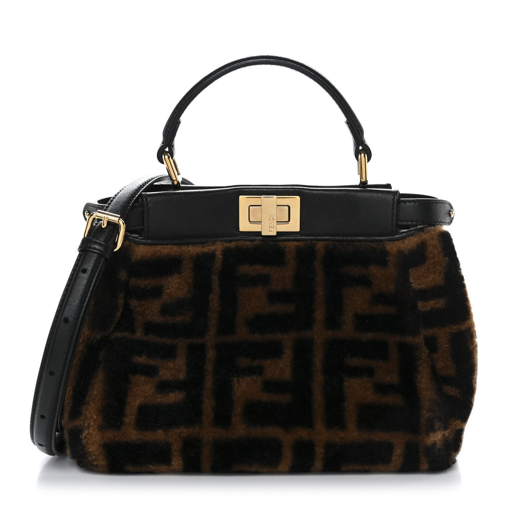 Shearling Nappa Macro FF 1974 Mini Peekaboo Iconic Satchel Tobacco Black