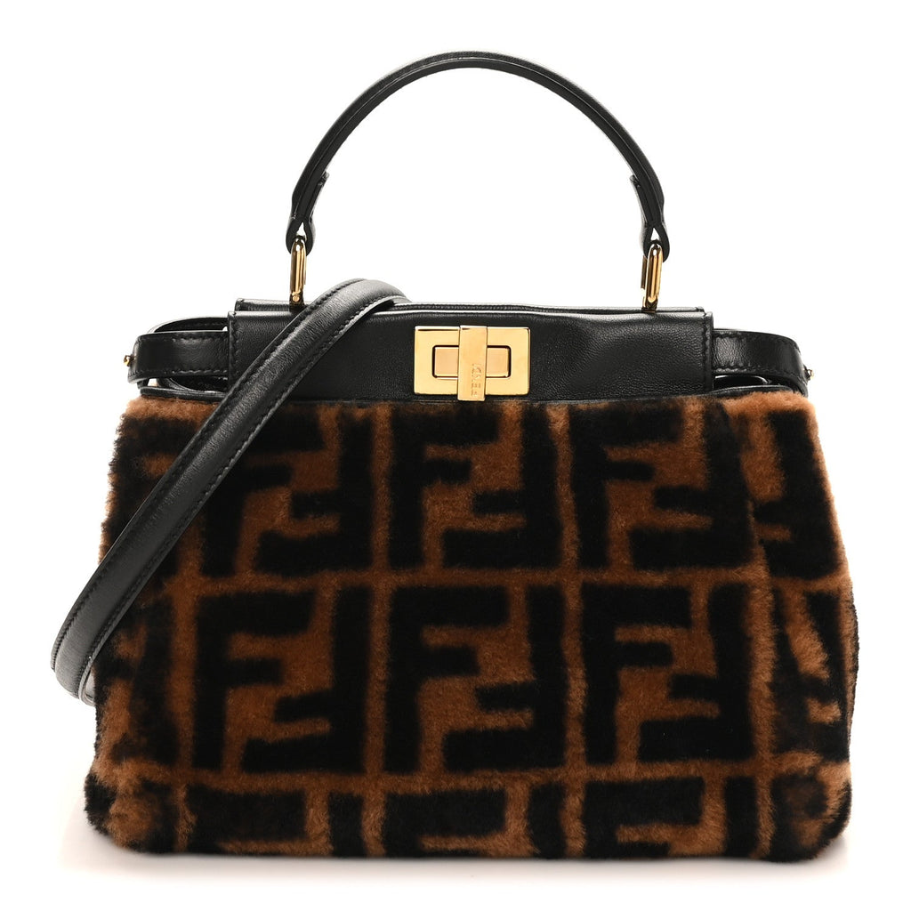 Shearling Nappa Macro FF 1974 Mini Peekaboo Iconic Satchel Tobacco Black