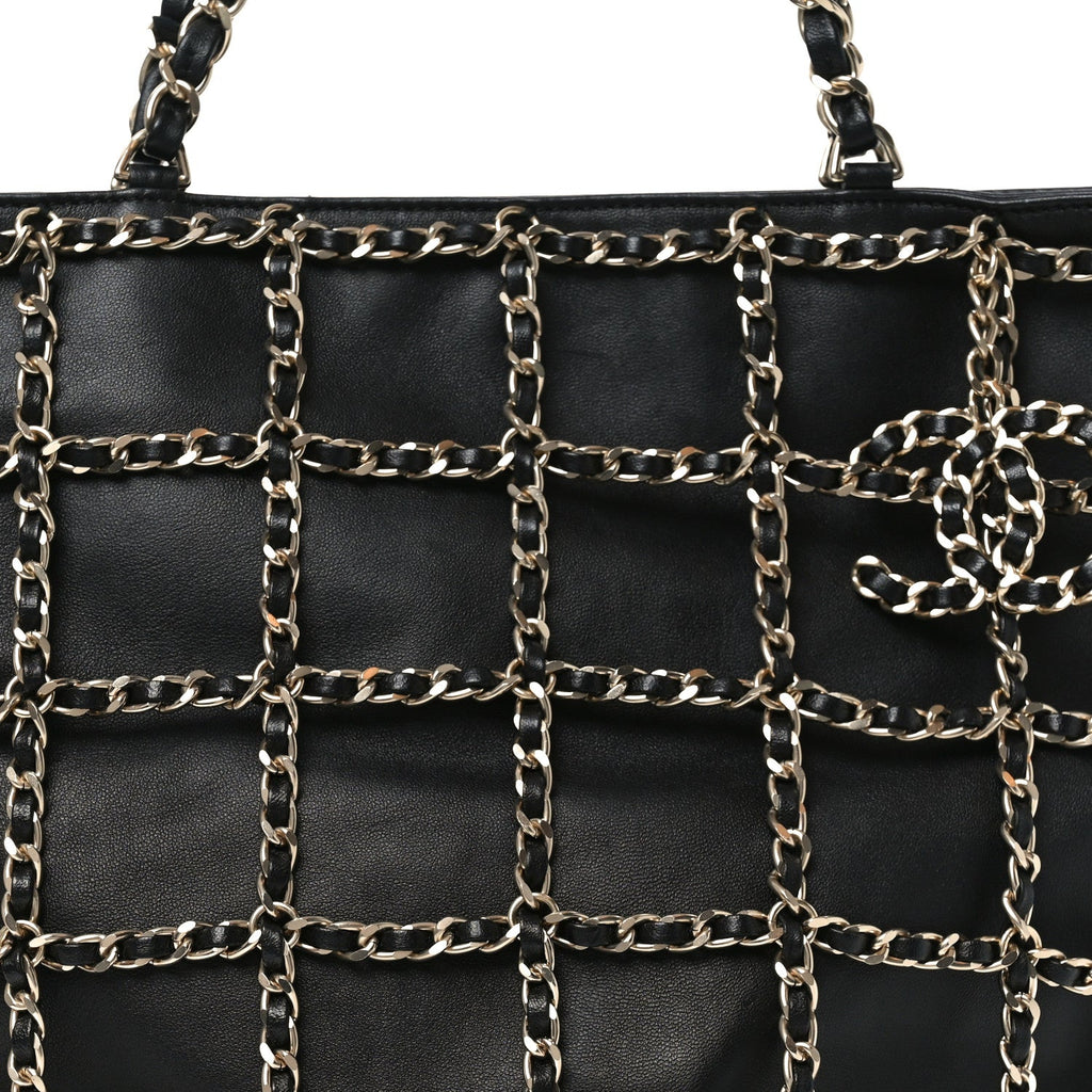 Lambskin Large Shopping Chain Tote Black