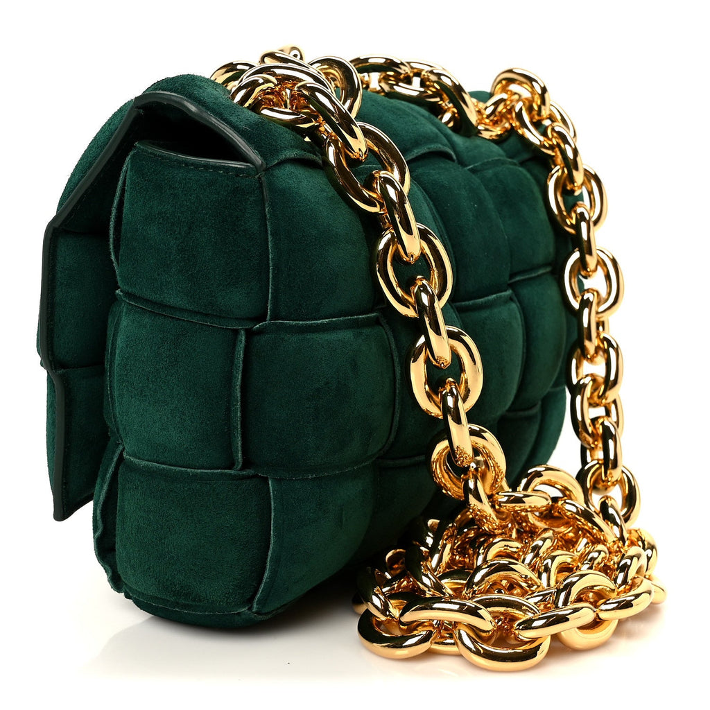 Suede Maxi Intrecciato Padded Chain Cassette Crossbody Bag Emerald Green