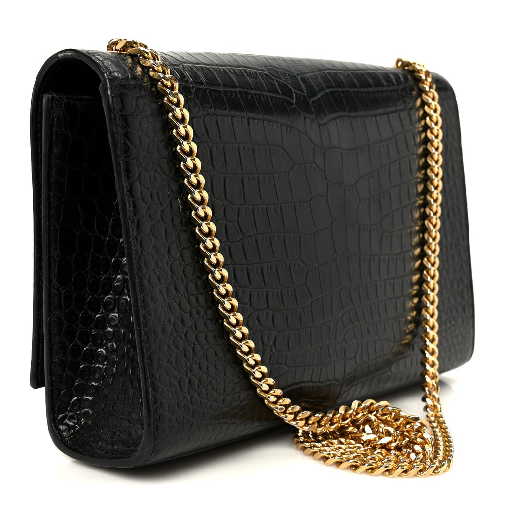 Calfskin Crocodile Embossed Medium Classic Monogram Kate Tassel Satchel Black
