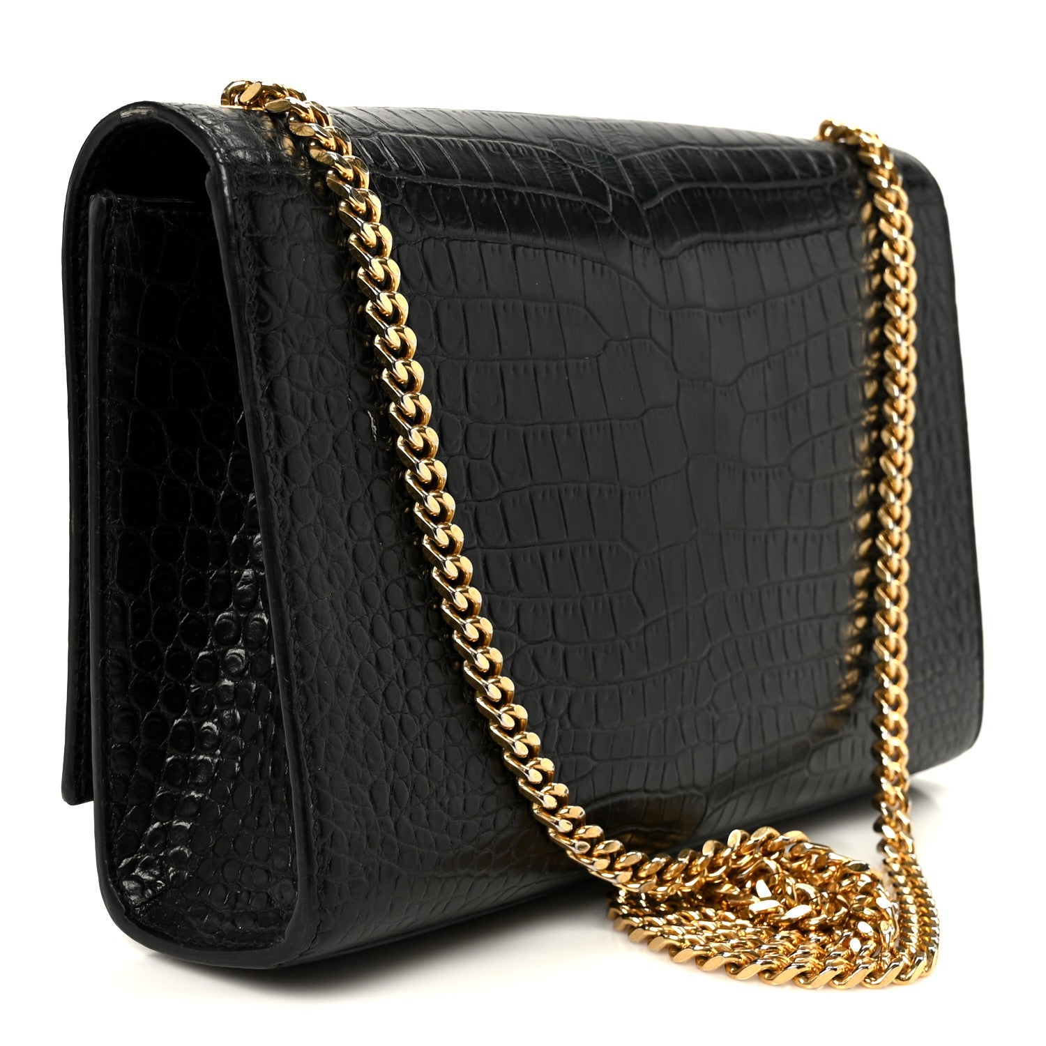 Calfskin Crocodile Embossed Medium Classic Monogram Kate Tassel Satchel Black