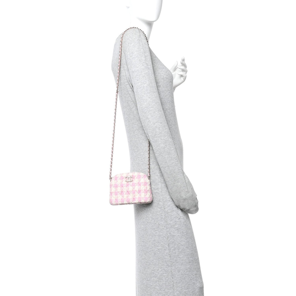 Tweed Quilted Mini Clutch With Chain Pink