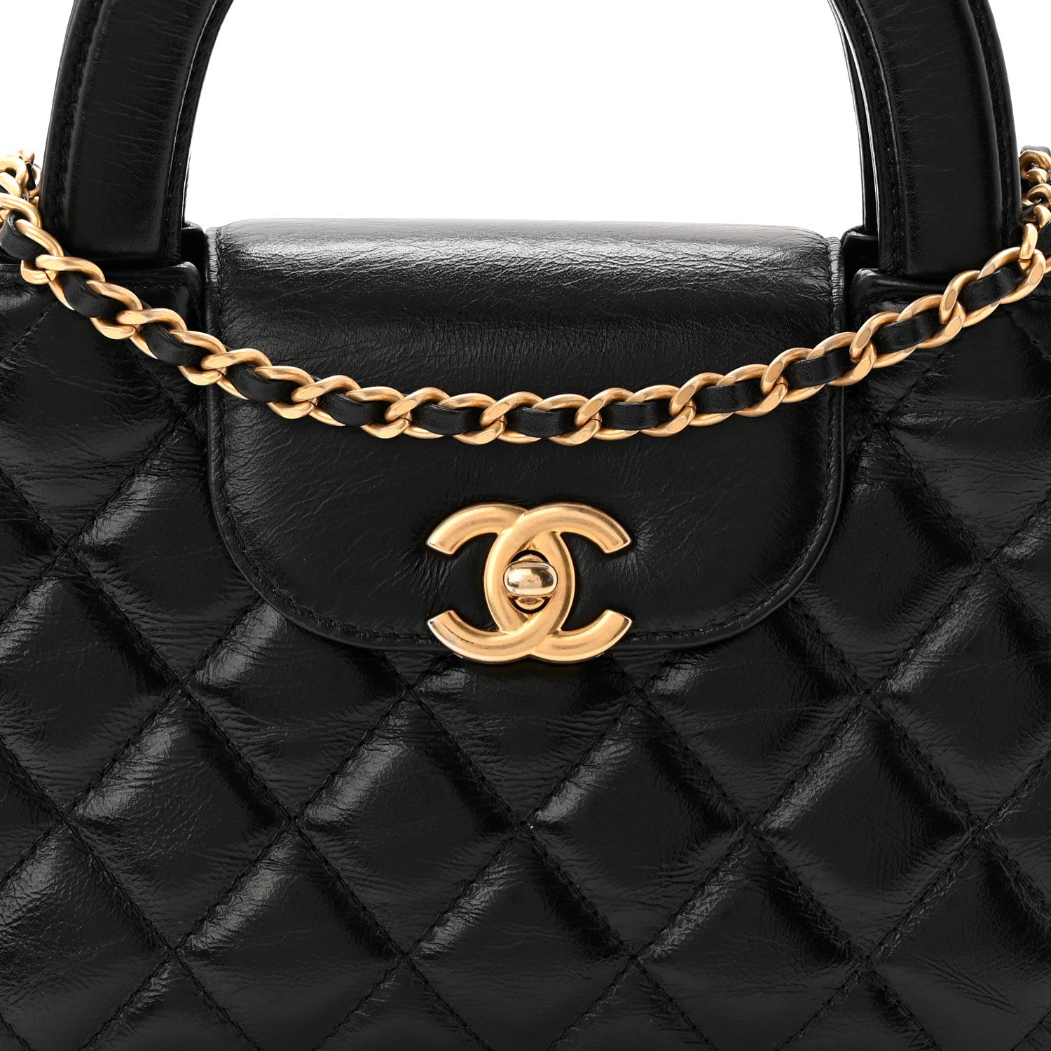 Shiny Aged Calfskin Quilted Nano Kelly Shopper Black