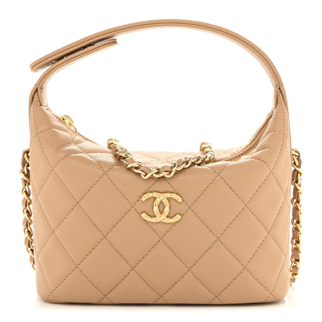 Shiny Caviar My Cush Hobo Clutch With Chain Beige