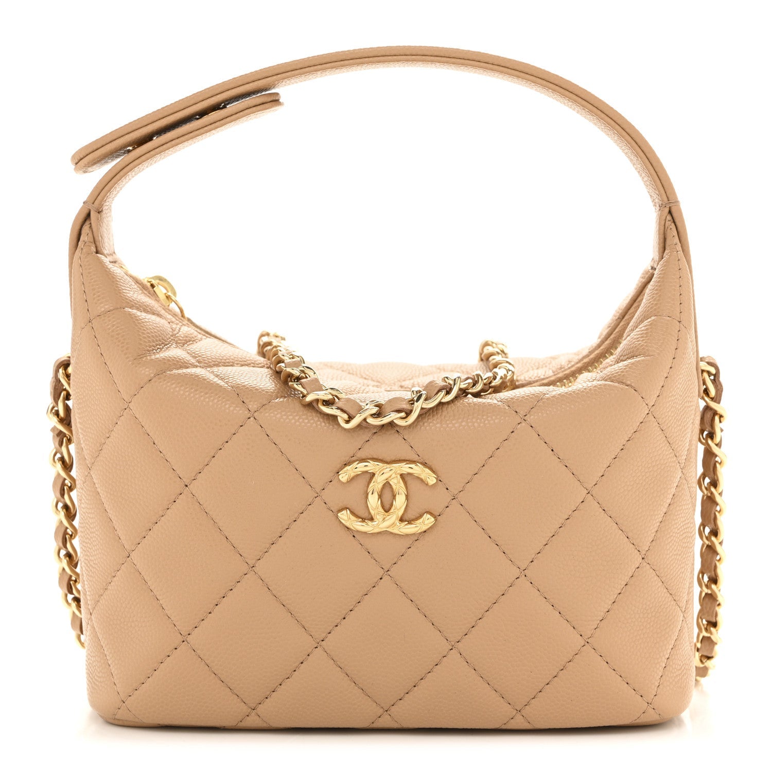 Shiny Caviar My Cush Hobo Clutch With Chain Beige