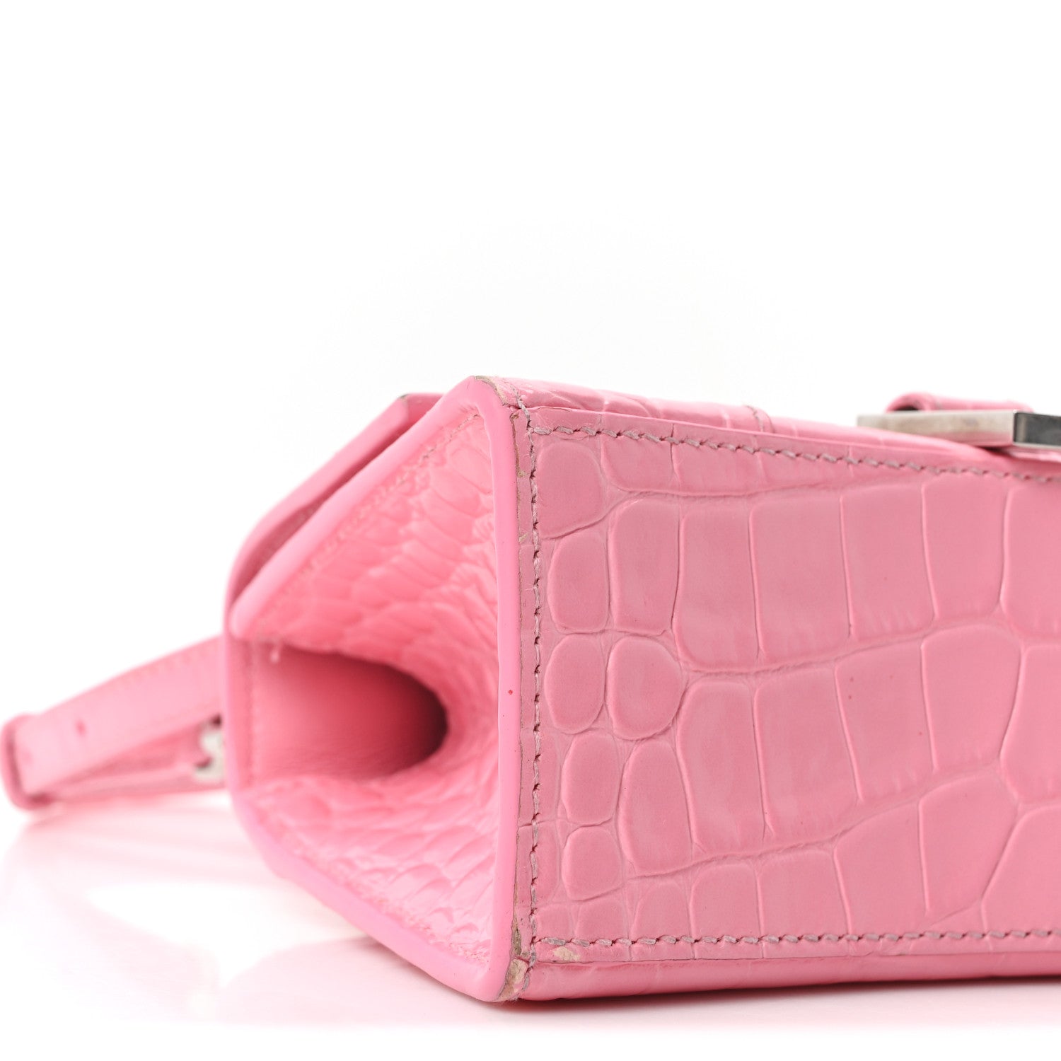 Shiny Calfskin Crocodile Embossed Hourglass Top Handle Bag XS Sweet Pink