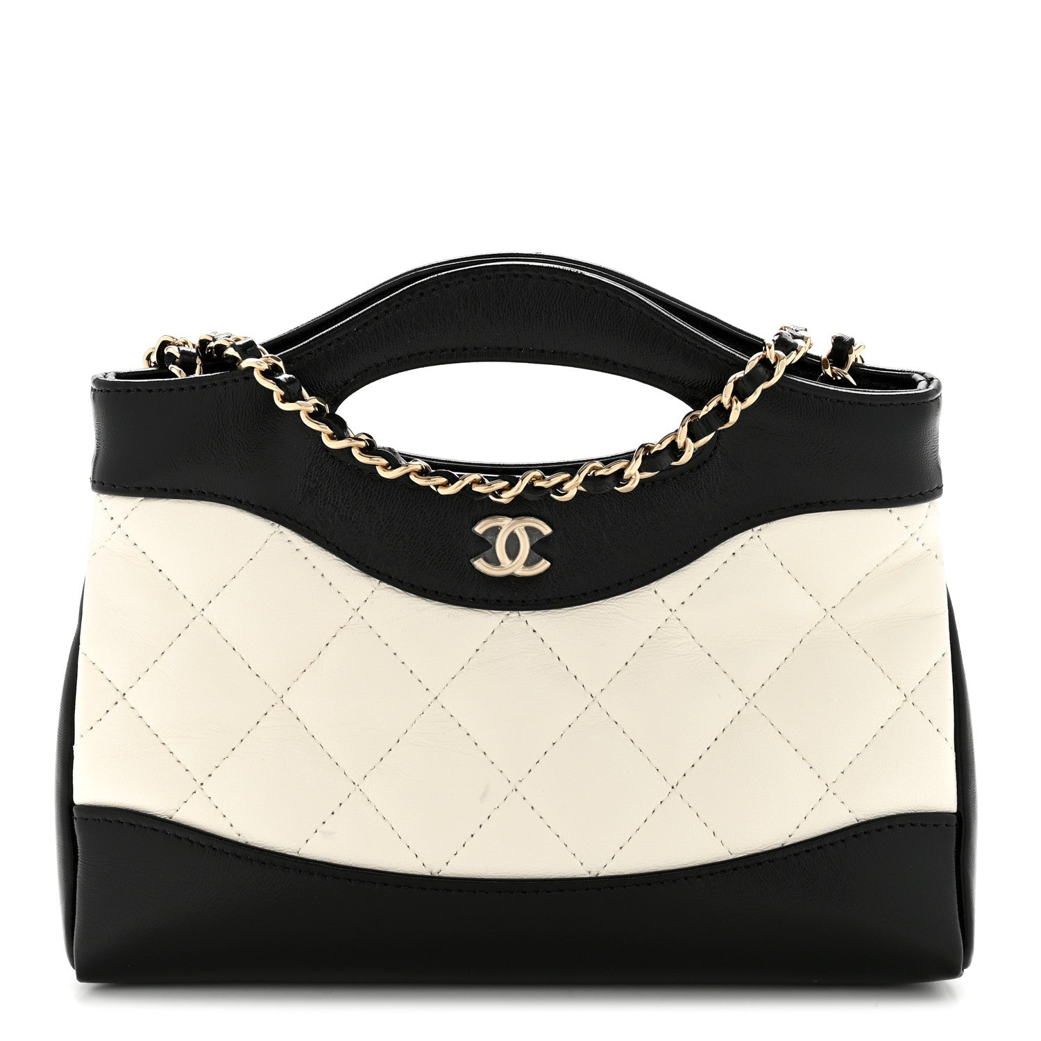Shiny Crumpled Calfskin Quilted Nano 31 Shopping Bag White Black