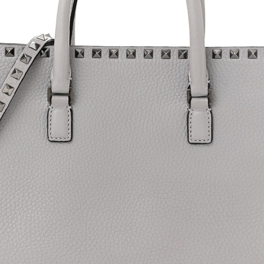 Grained Calfskin Medium Rockstud Double Handle Horizontal Tote Pastel Grey