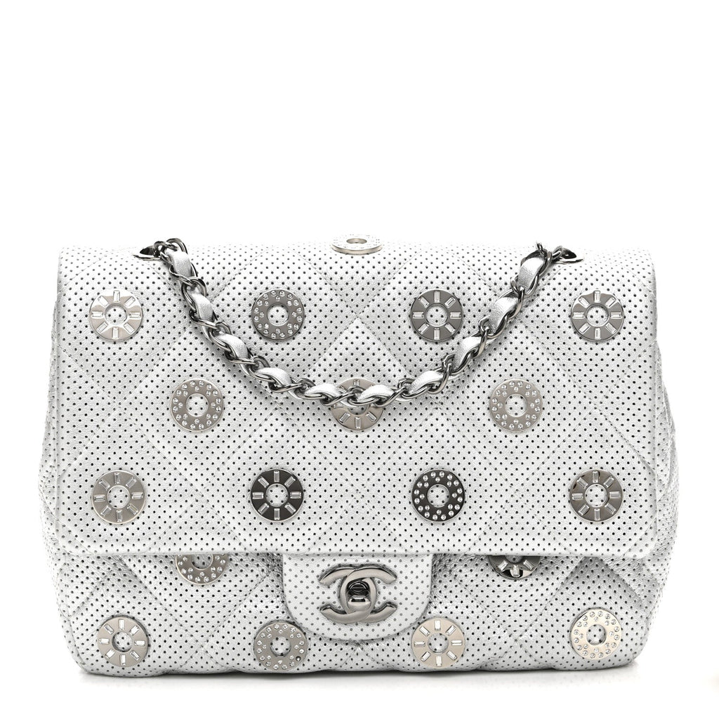 Perforated Metallic Lambskin Small CC Medals Flap Silver