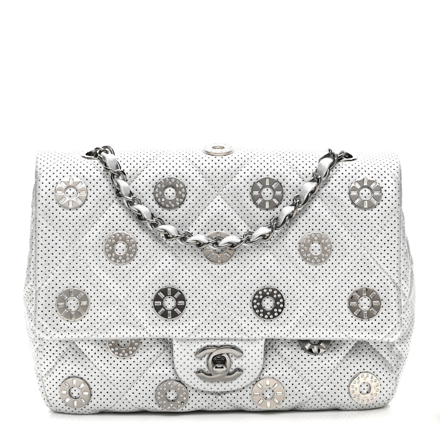 Perforated Metallic Lambskin Small CC Medals Flap Silver