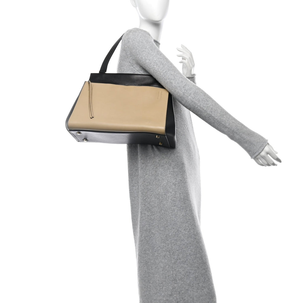 Smooth Calfskin Medium Bi-Color Edge Shoulder Bag Black Beige