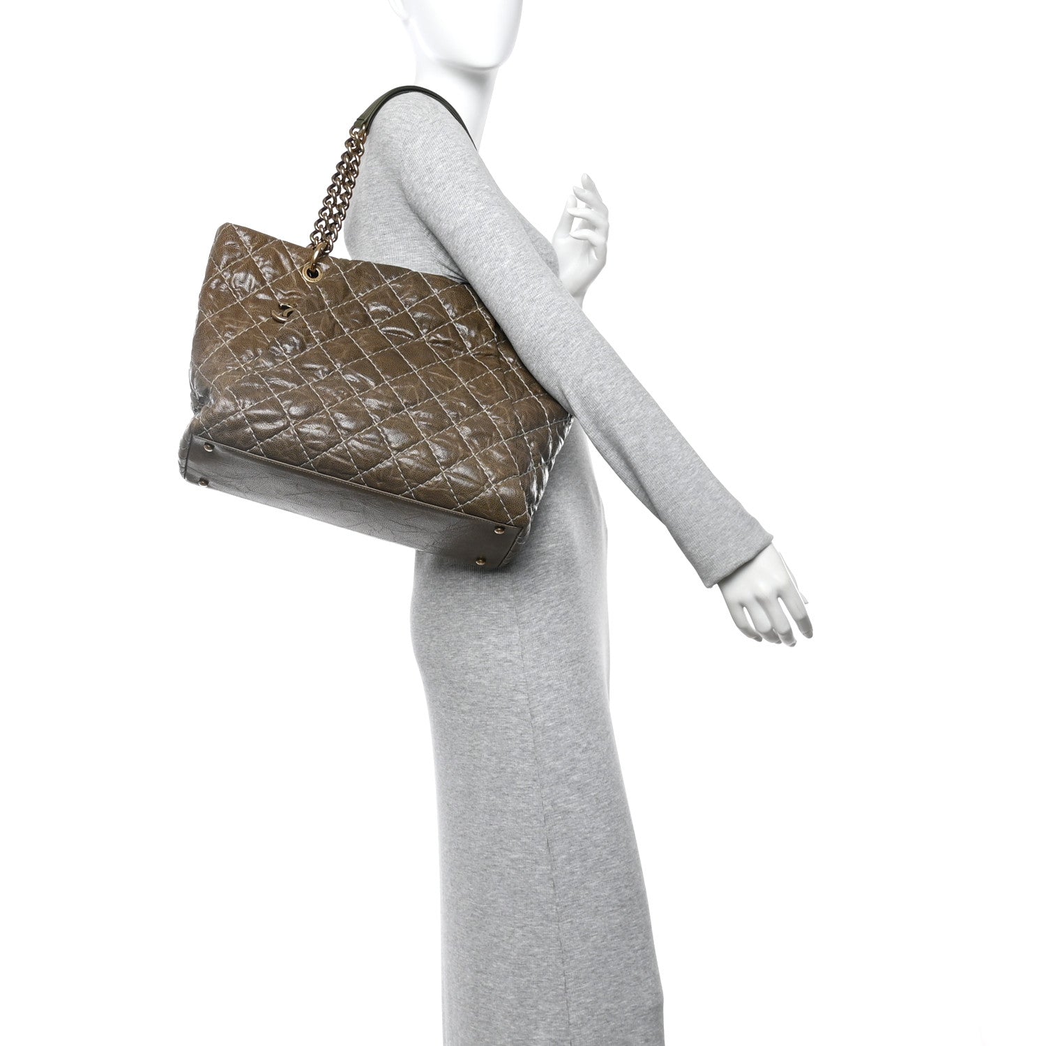 Crumpled Grained Calfskin Large Coco Pleats Tote Khaki