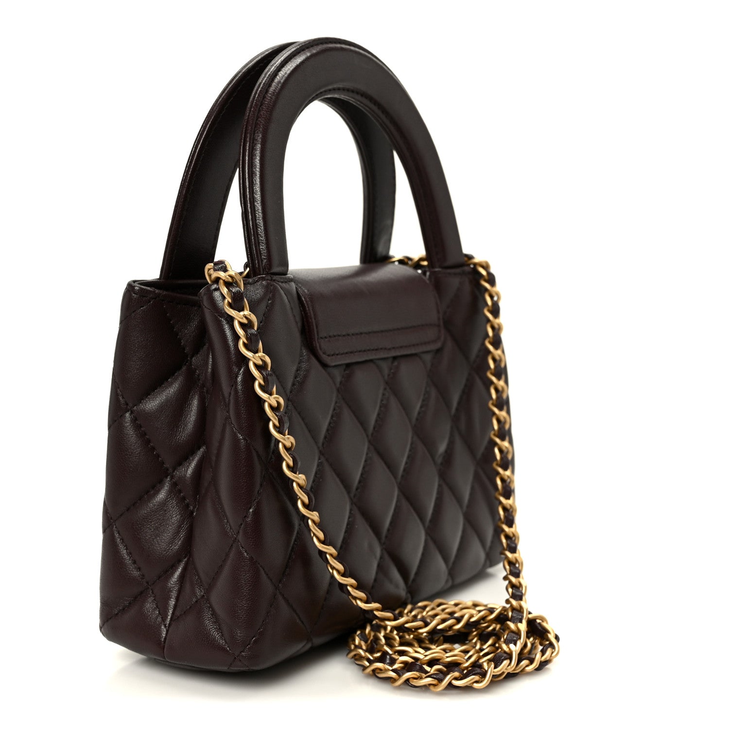 Shiny Aged Calfskin Quilted Nano Kelly Shopper Dark Brown
