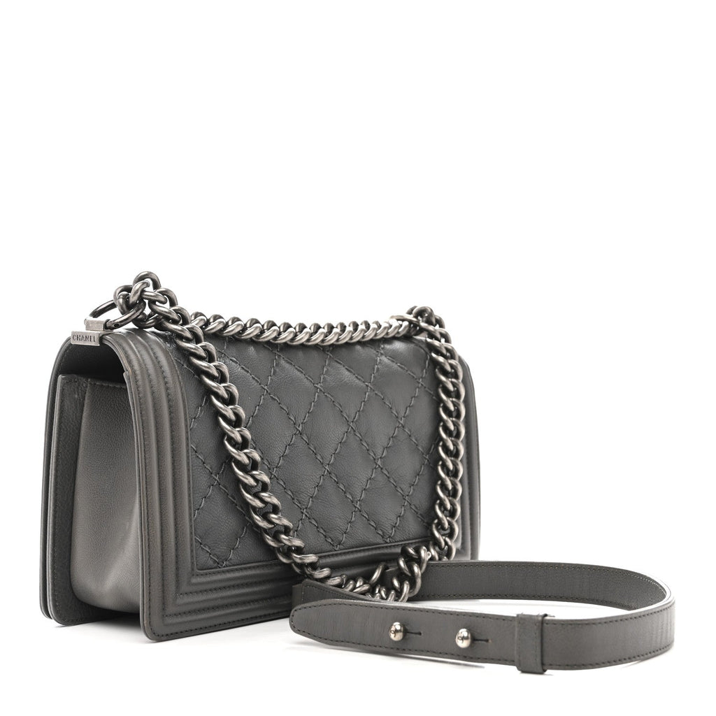 Calfskin Double Stitch Medium Boy Flap Grey