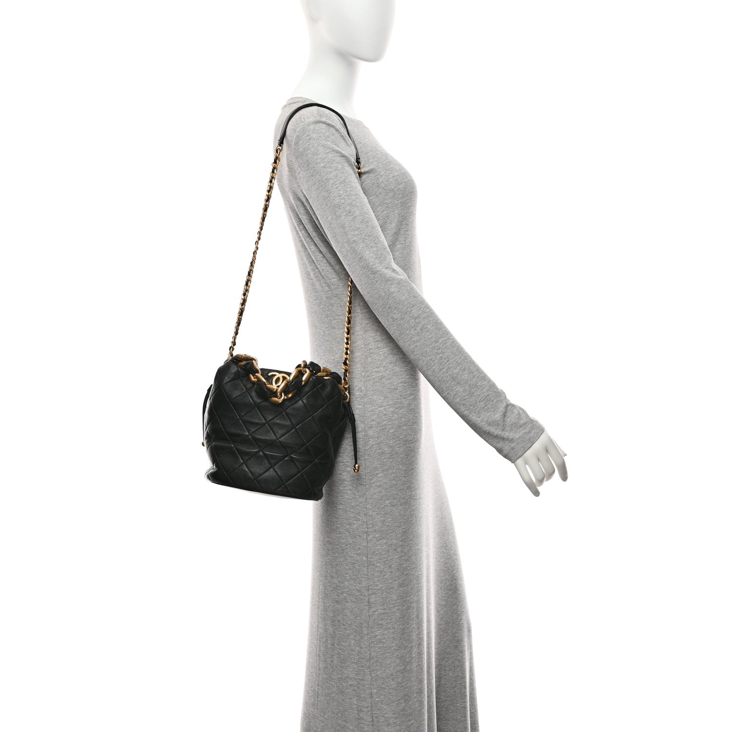 Shiny Lambskin Quilted Small Chain Is More Drawstring Bag Black