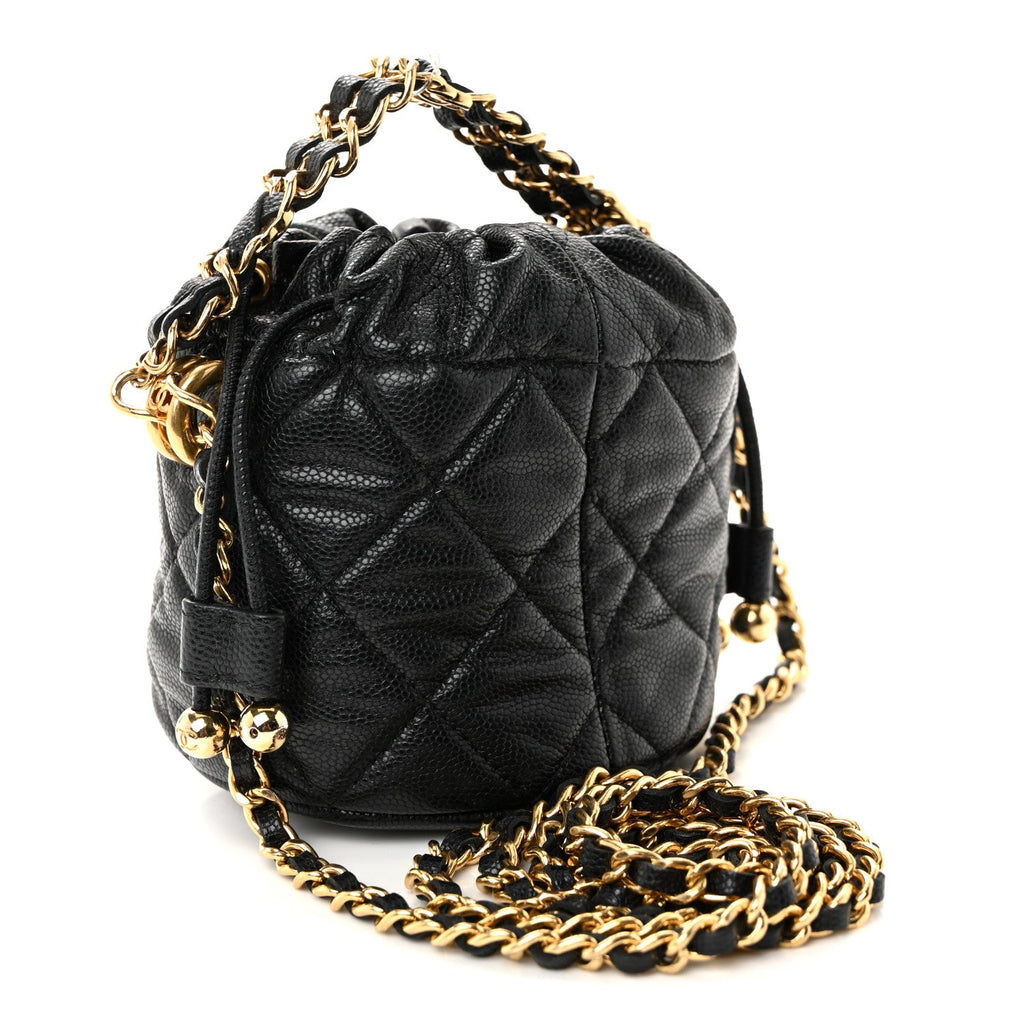 Caviar Quilted Coco First Bucket Clutch With Chain Black