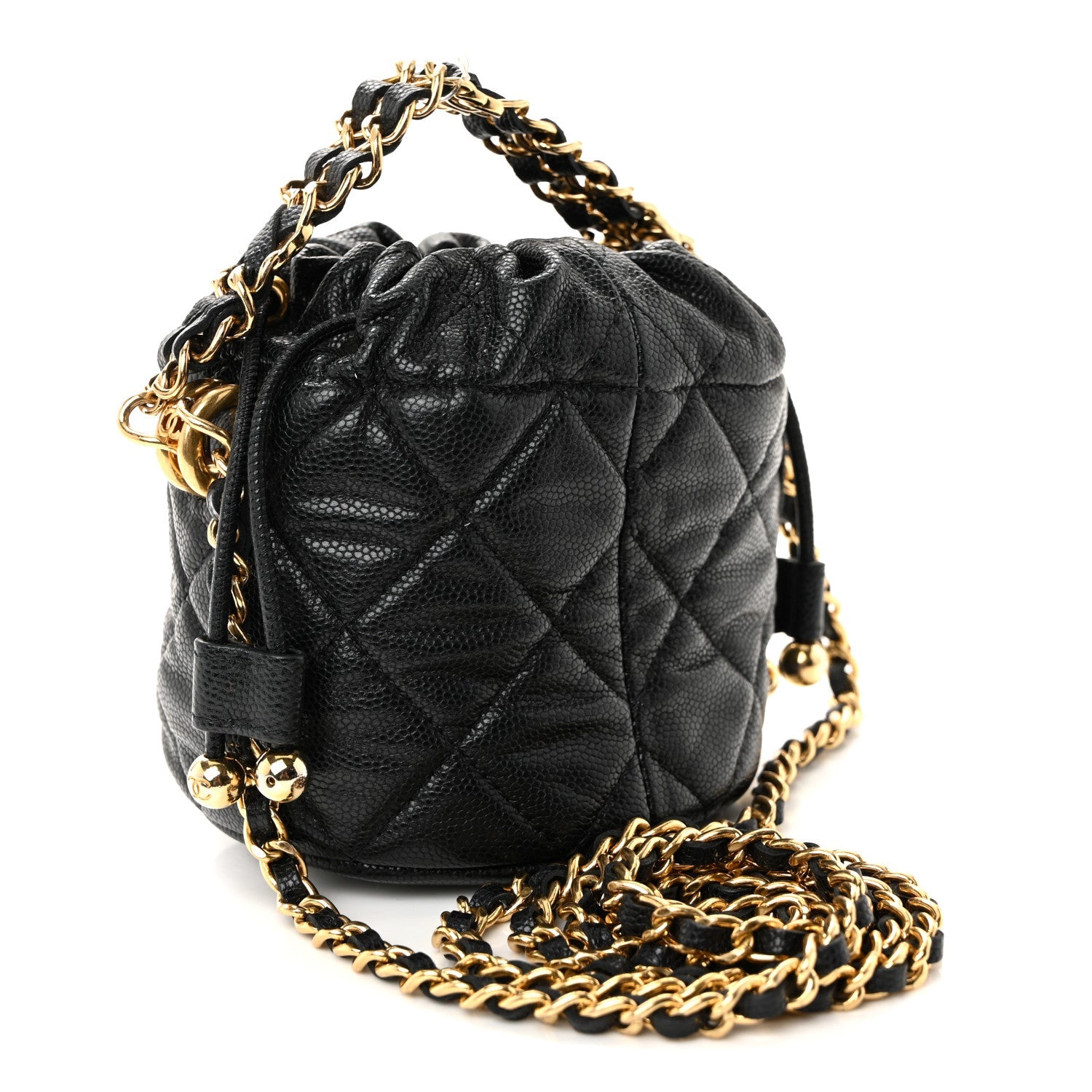Caviar Quilted Coco First Bucket Clutch With Chain Black