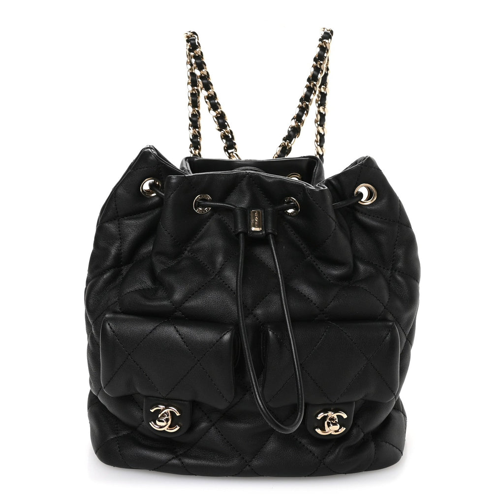 Lambskin Quilted Double Pocket Drawstring Backpack Black