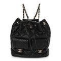 Lambskin Quilted Double Pocket Drawstring Backpack Black